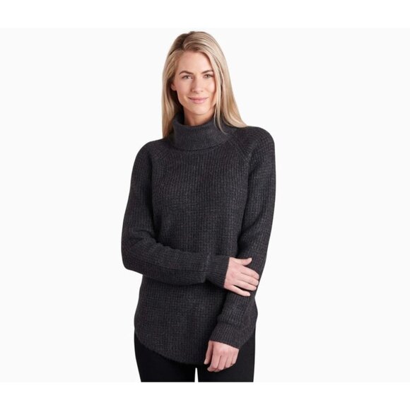 Kuhl Sienna Sweater Womens L Charcoal Gray Cowl Neck Chunky Waffle Knit Pullover - Picture 1 of 14